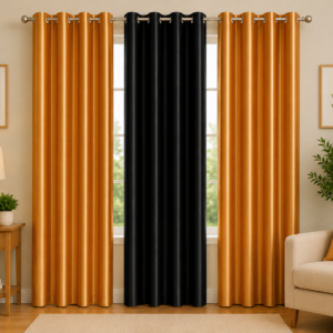 APSAIM Premium Golden & Black Polyester Room Darkening Curtains for Living Room, Bedroom & Home Décor – Elegant Eyelet Window Drapes, Light Filtering, Privacy Enhancing & Thermal Insulated Curtains (Pack of 3)