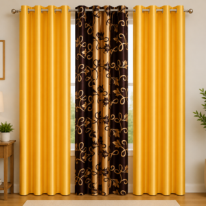 APSAIM Premium Yellow & Designer Brown Floral Polyester Room Darkening Curtains for Living Room, Bedroom & Home Décor – Luxury Eyelet Window Drapes, Light Filtering, Privacy Enhancing & Thermal Insulated Curtains (Pack of 3)