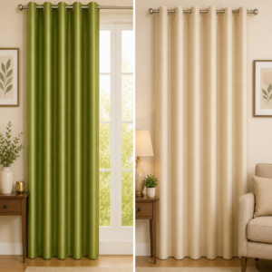 APSAIM Polyester Room Darkening Curtains (Pack of 2) – Olive Green & Cream Solid Design Premium Eyelet Curtains for Window, Door & Long Door