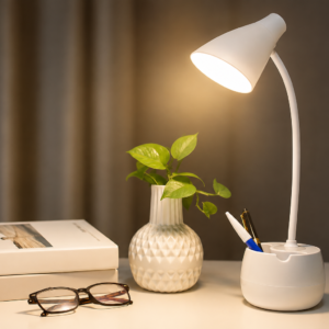 APSAIM 5-in-1 Rechargeable LED Table Lamp with Pen Holder, Mobile Stand, 3-Level Touch Dimming, 360 Degree Flexible Neck & USB Charging | Study Desk Lamp (White)