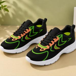 APSAIM Men’s Black Sports Shoes | Lace-Up Running, Walking & Gym Shoes | Cushioned Athletic Sneakers with Green & Orange Design Accents
