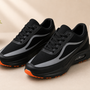 APSAIM Men’s Black Sports Shoes | Lace-Up Running, Walking & Gym Shoes | Cushioned Athletic Sneakers with Stylish Grey Detailing & Orange Grip Sole